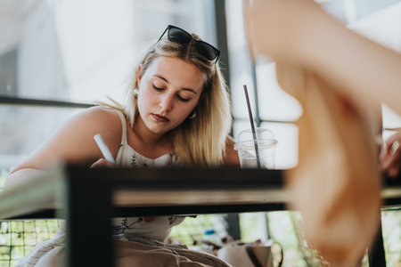 Young woman focused on writing while sitting at a modern cafeの写真素材