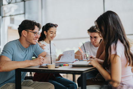 Group of students engaged in collaborative learning at a cafeの写真素材