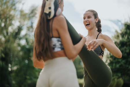Two Friends Enjoy Outdoor Exercise with Yoga Mats in a Park Settingの写真素材
