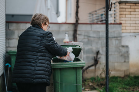 Elderly lady responsibly disposing of waste into a green garbage bin outdoorsの写真素材