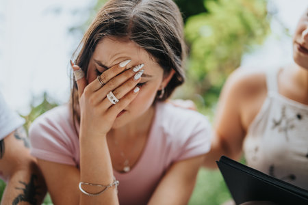 Teen comforting a distraught friend in an outdoor supportive atmosphereの写真素材