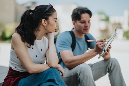 A young man and woman communicating outdoors with a notebook and penの写真素材