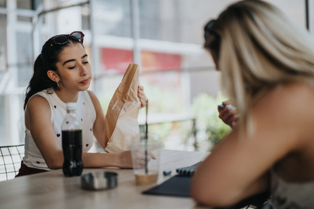Two women interacting at a casual table with drinks and snacksの写真素材