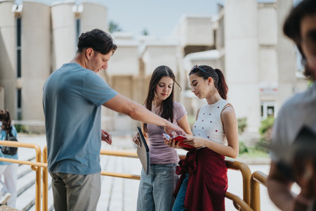 Group of students collaborating with professor outside academic buildingの写真素材