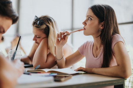 Students collaborating and studying together at a table in a bright roomの写真素材