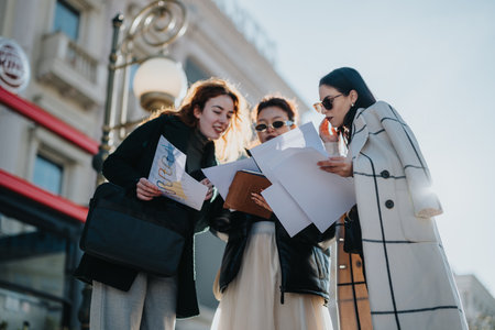 Professional women collaborating outdoors while analyzing business documents togetherの写真素材