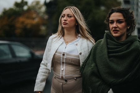 Two Confident Women Walking Outdoors on a Cloudy Autumn Dayの写真素材