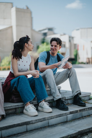 Young students sitting outdoors on steps discussing study materials on a sunny dayの写真素材