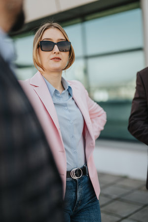 Confident Business Professional Wearing Sunglasses and a Stylish Pink Blazer Outdoorsの写真素材