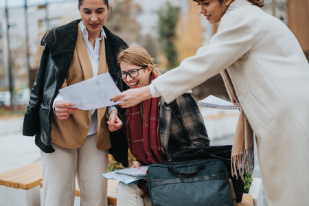 Three businesswomen collaborating on a project outdoorsの写真素材