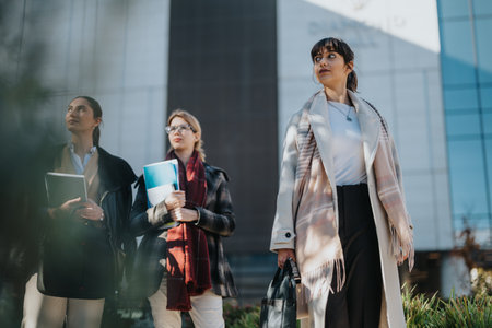 Group of professional businesswomen meeting and collaborating outdoorsの写真素材