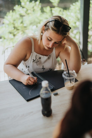 Young woman studying and writing while engaged in creative work