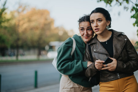 Two women with expressions of concern and curiosity on a city street