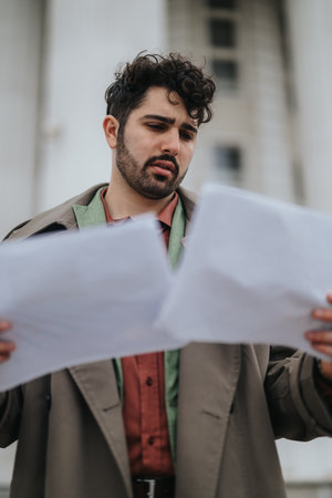 Man reviewing documents outdoors, showcasing a professional demeanorの写真素材