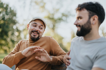 Two friends sharing a joyful conversation in a park settingの写真素材