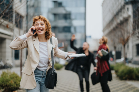 Smiling woman on a phone call outdoors surrounded by joyful peopleの写真素材
