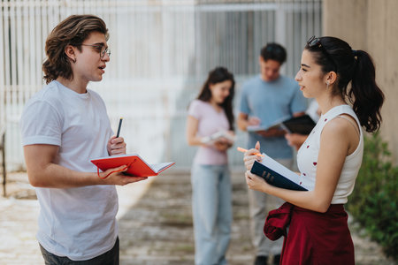 Students Discussing Notes and Studying Together Outdoors on a Sunny Day