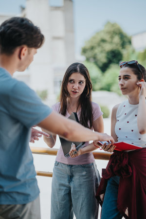 Group of students engaging in discussion outdoors on a sunny dayの写真素材