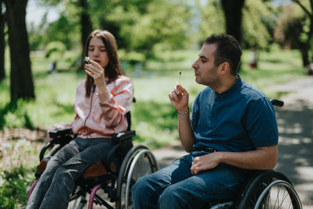 A couple enjoys outdoor sunlight in a park setting, experiencing nature, and focusing on the simple joy of sharing moments together.の写真素材