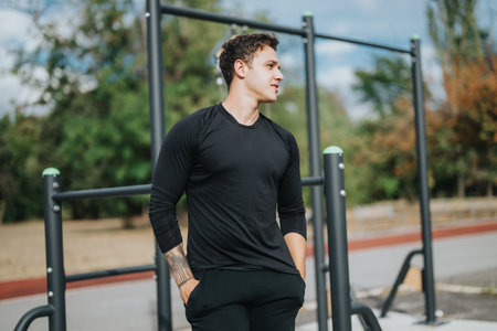 Young man exercising outdoors at a fitness park on a bright day