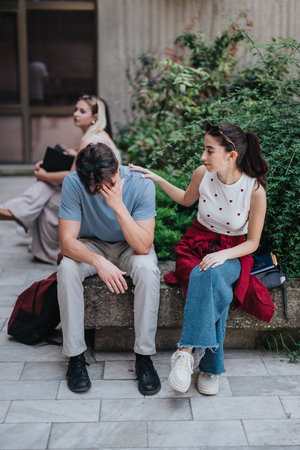 Two friends sitting outdoors discussing and offering emotional supportの写真素材