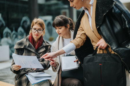 Three businesswomen collaborating outdoors while analyzing documents and notes together.の写真素材