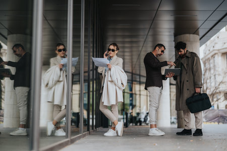 Business team discussing work outdoors near a modern officeの写真素材