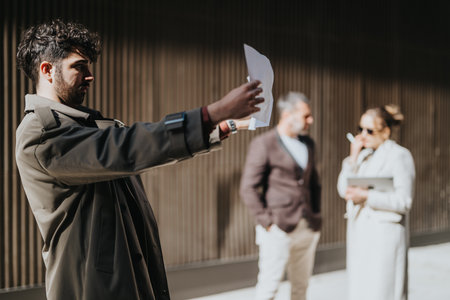 Three people interacting outdoors during a meeting, showcasing various business activitiesの写真素材