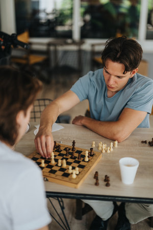 Two friends engaging in a chess game at a cozy indoor settingの写真素材