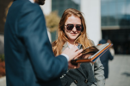Two people discussing work outside a modern office building on a sunny dayの写真素材
