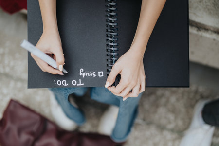 Person planning tasks and writing in a notebook outdoorsの写真素材