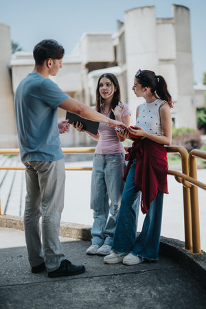 Students discussing with a professor outdoors in a campus settingの写真素材