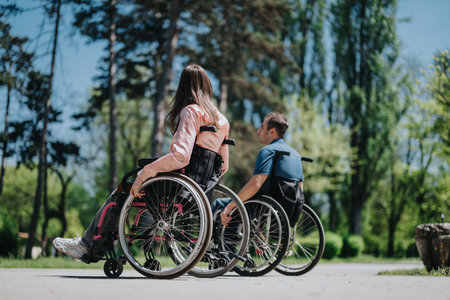 Two individuals in wheelchairs enjoying a sunny day outdoors togetherの写真素材