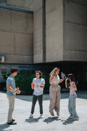 Group of students interacting energetically in urban setting outdoorsの写真素材