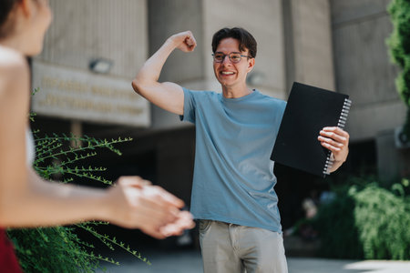 Excited student flexing muscles while holding notebook on campusの写真素材
