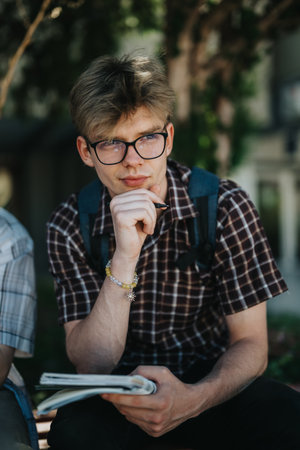 Young student studying outdoors in a sunny courtyardの写真素材