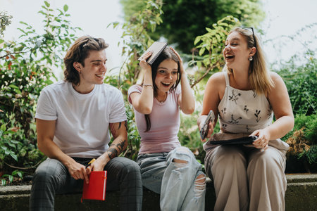 Group of friends studying and laughing together outdoors in a vibrant settingの写真素材