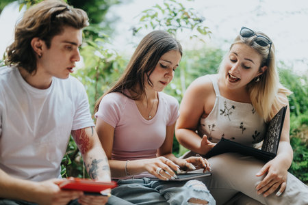 Three students collaborating outdoors during a group study session or project discussionの写真素材