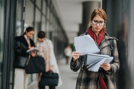 Professional women reviewing documents outside a modern business buildingの写真素材