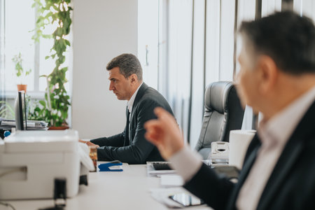 Business professionals focused during meeting in modern office environmentの写真素材