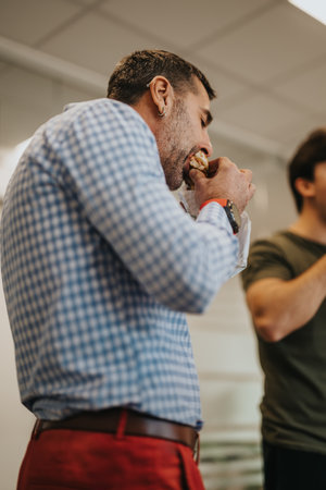 Business professionals enjoying a casual meal during a break in a modern office settingの写真素材