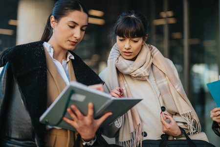 Two professional women discussing documents and collaborating outdoorsの写真素材