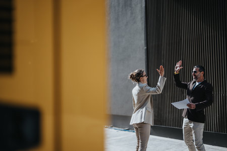 Two coworkers celebrating success with a joyful high five outdoorsの写真素材