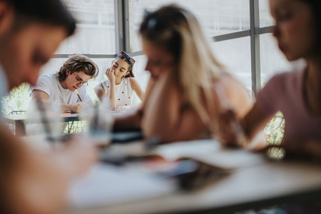 Focused students studying together in a collaborative learning environment indoorsの写真素材