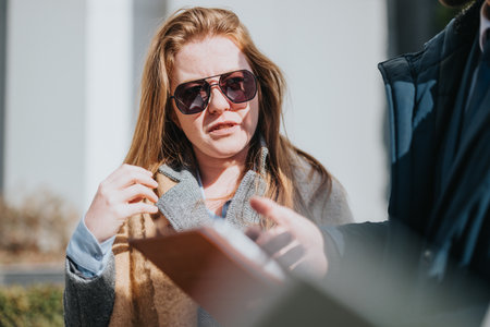 Professional woman outdoors discussing documents on a bright sunny dayの写真素材