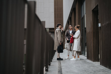 Business people in formal discussion at modern outdoor walkway
