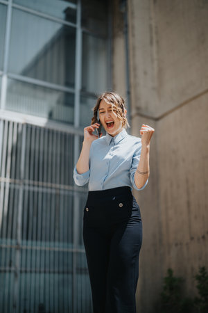 Businesswoman celebrates success with a phone call outdoorsの写真素材