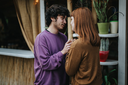 Young couple holding hands and sharing a tender moment outdoors