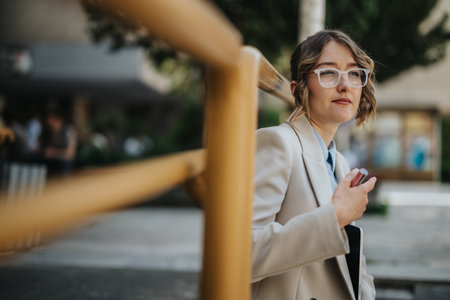 Professional woman standing outdoors holding a phone and looking thoughtfulの写真素材