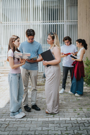 Students engaged in academic discussion on outdoor campus settingの写真素材